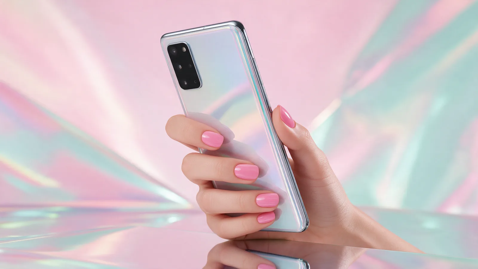 Mão segurando um celular em fundo rosa holográfico (imagem ilustrativa)