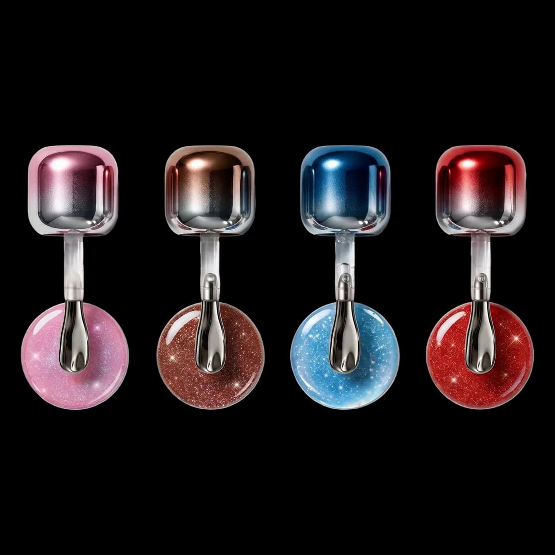 As tampas cromadas, com a ponteira de metal do LipFreeze Shine, e as amostras de gloss rosa, marrom, azul e vermelho
